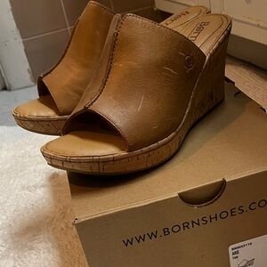 Born Light Brown Leather Wedge Mules